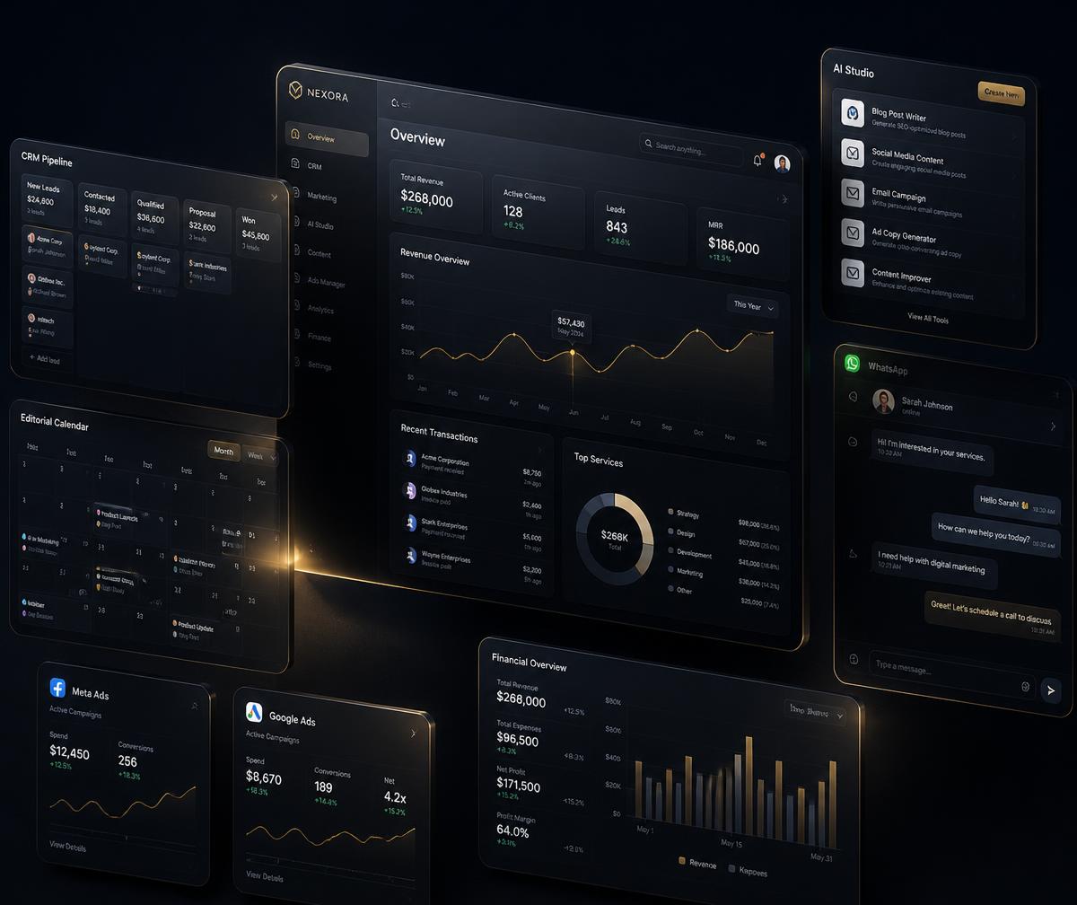 Interface da plataforma LGR Studio com dashboard, CRM, calendário editorial, IA Studio e relatórios